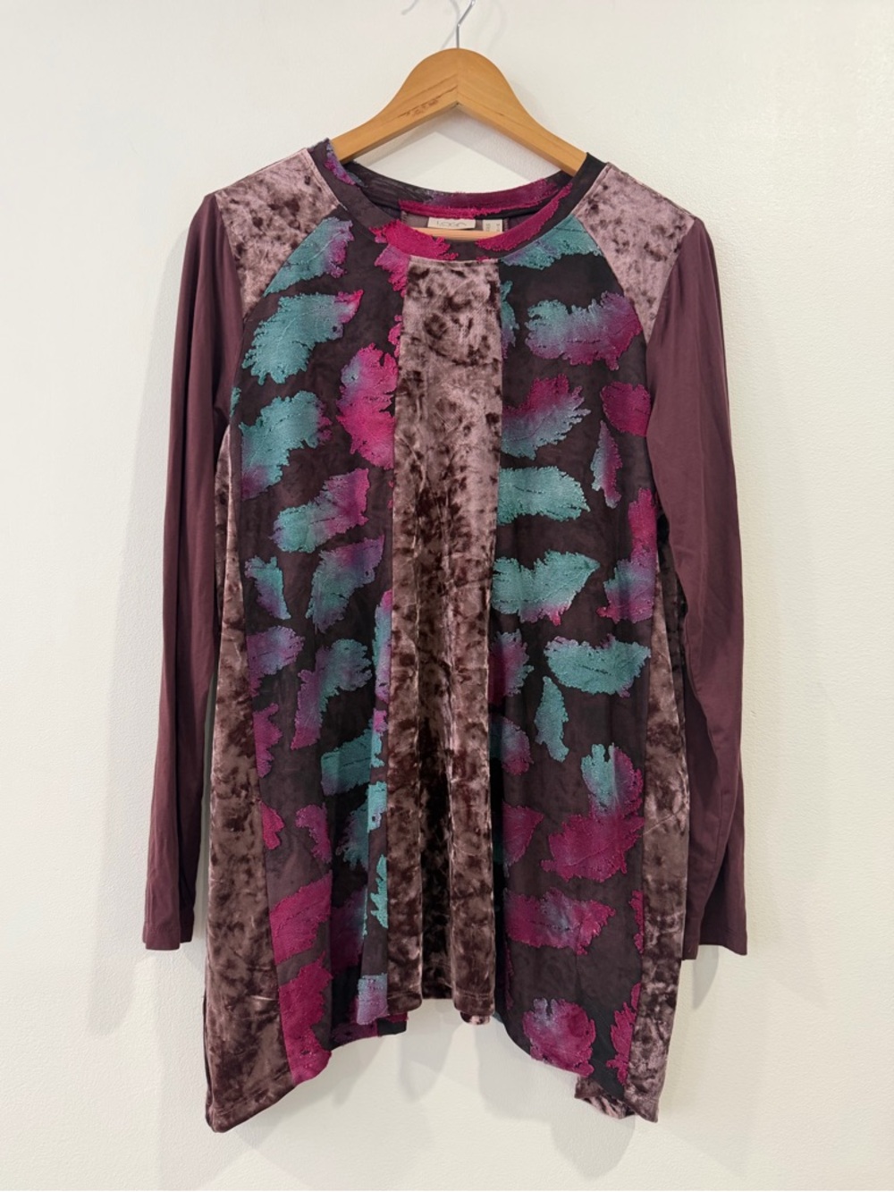 LOGO Lori Goldstein Crushed Velvet Leaf Long Sleeve Tunic M Pockets Artsy Whimsy
